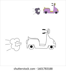 Nice scooter with an colored example. Coloring book for children. Machine isolated on a white background. Vector hand drawn illustration