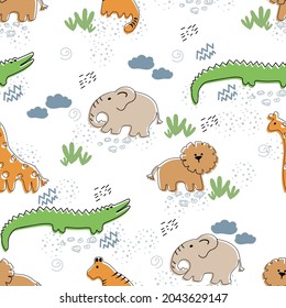 Ein hübsches, nahtloses Babymuster mit weißem Hintergrund und afrikanischen Tieren. Giraffe, Tiger, Löwe, Elefant, Krokodil. Vektorgrafik
