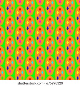 Nice seamless pattern with abstract details. Elements are located geometrically. Background is green.