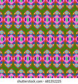 Nice seamless pattern with abstract details. Elements are located geometrically. Background is green.