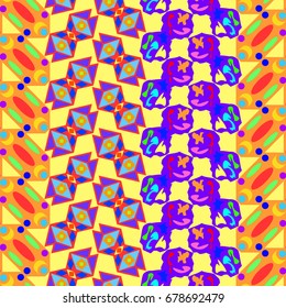 Nice seamless pattern with abstract elements. Items placement angular. Background is yellow.