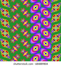 Nice seamless pattern with abstract elements. Items placement angular. Background is green.