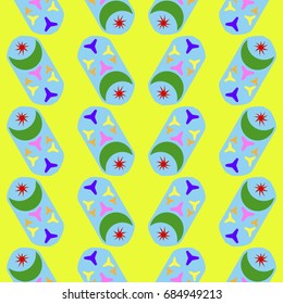 Nice seamless pattern with abstract elements. Items placement angular. Background is lemon color.