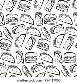 Nice seamless pattern with black outline fast food symbols on white background. Cute cartoon linear fastfood including hamburger, tacos, burrito, hot dog texture for textile, wrapping paper, package