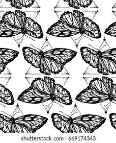 Nice seamless pattern with butterflies which drawn by ink.  Repeated texture.  It can be used as wallpaper, desktop, printing, wrapping, fabric or background for your blog, covers and your design. 