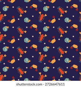 Nice seamless pattern with cartoon crabs, lobsters and stars