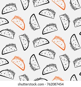 Nice seamless pattern with cute cartoon black and red mexican taco. Cute contrast tacos texture for fast food textile, wrapping paper, package, restaurant or cafe menu banners