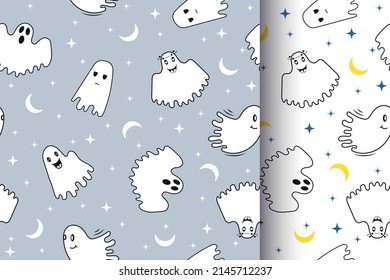 Nice seamless pattern. Endless background in grey and white colours for kids linen, fabric, wallpaper, wrapping paper. Cute, funny ghosts ornament for Halloween.  Cartoon ghosts, phantoms, boggarts.