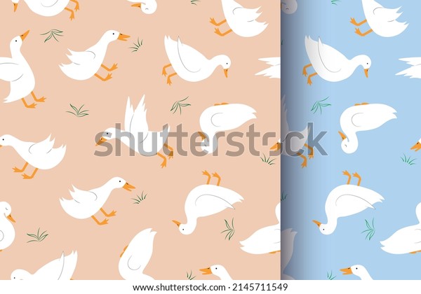 Nice seamless pattern. Endless\
background in two colours for kids linen, fabric, wallpaper,\
wrapping paper. Cute, funny ducks ornament.  Cartoon white\
ducks.