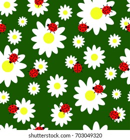 a nice seamless pattern with flowers and ladybugs on a green background