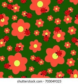 a nice seamless pattern with flowers and ladybugs on a green background