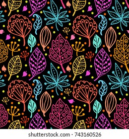 Nice seamless pattern with hand drawn funny autumn leaves - outlines. Lineart.  Lovely vector illustration and design for fabrics, textile, wallpaper and background.