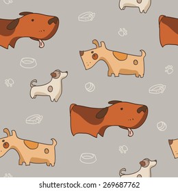 Nice  seamless pattern with happy dogs, balls,dog collar, bowl and dog tracks.