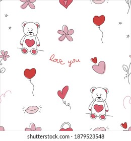Nice seamless pattern with hearts and bears in vector. Cute cartoon doodles. Vector illustration for Valentin day.