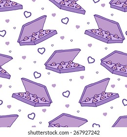 Nice seamless pattern with hearts and boxes of chocolate sweets. Based on hand-drawn elements. Isolated background. Excellent print for paper, textile or web.