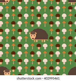 Nice seamless pattern with hedgehogs and mushrooms on a green background