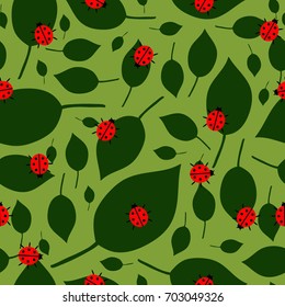 a nice seamless pattern with leaves and ladybugs on a green background