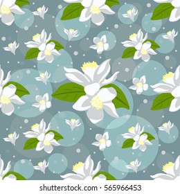 Nice seamless pattern with lemon flowers on light blue background