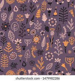 Nice seamless pattern in modern scandinavian style with simple leaves, dried flower and sticks. Cute hand drawn elements in purple, black, pink and orange. For paper design or kids print or textile.