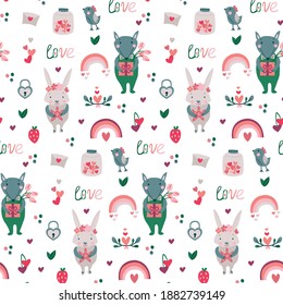 Nice seamless pattern for Valentine's Day. The colorful ornament with the funny, cute animals. 