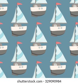 Nice seamless pattern with yacht. Nautical elements. Retro toys. Summer Travel Design - Sail Boat. Vector illustration