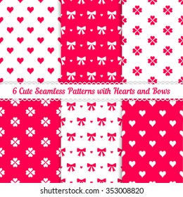 Nice seamless patterns for wrapping paper on Valentine's Day or other holiday . Set of six templates with bows and hearts in red and white colors.