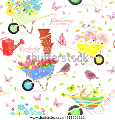 nice seamless texture with gardening wheelbarrows full of flowers for your design