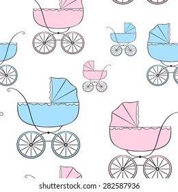 Nice seamless vector pattern with retro baby carriages of different sizes