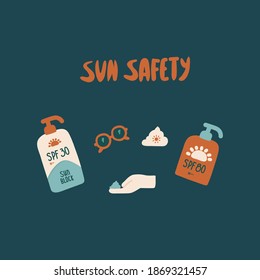 Nice selection of Safety in the sun. Set of sunscreen illustrations of accessories and sunscreen cosmetics. Cream, tubes, jars. Vector concept of relaxing on the beach. Protective sunshade in