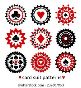 Nice set of card suit round patterns. Casino gambling illustrations for decor or background.