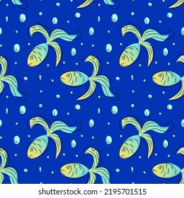 A nice set of cartoon fish.  Abstract seamless fashion pattern. Vector seamless pattern of blue-yellow-green sea fish. Design for postcards, wallpaper, fabric, printing, wrapping paper