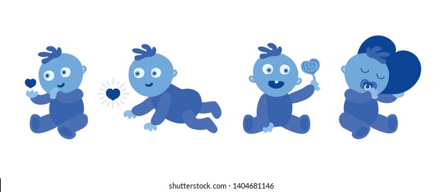 Nice Set of cute little blue toddlers on white. Baby boy of loving parents, giving him love and caring for their child. Infant crawling, sitting, holding lollipop and sleeping. Vector Illustrations.