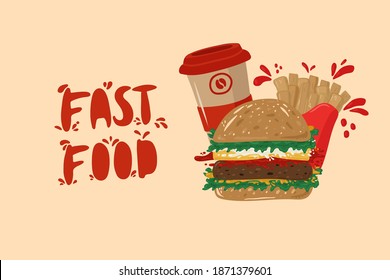 Nice set of food. Takeaway food illustration picture of French Fries, Coffee, Hamburger. Hand-drawn vector takeaway box with lettering fast food. Cute sticker on your textile with letters. Takeaway