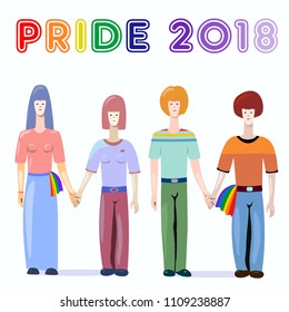 Nice set of homosexual couples with rainbow lgbt flags - two girls and two boys holding hands. Vector. Suitable for web and printed production.