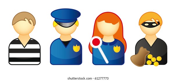 nice set of icons representing people isolated over white - thief, prisoner, police and burglar