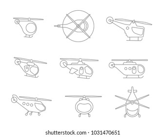 Nice Set of Line helicopters for your design transport fly collection aviation. Flat outline contour vector stock illustration.