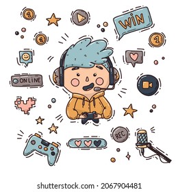  Nice set with pro gamer playing online video game while recording video using microphone for his online video channel. Cute vector illustration.