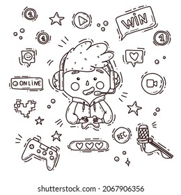  Nice set with pro gamer playing online video game while recording video using microphone for his online video channel. Cute vector illustration.