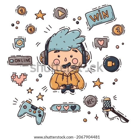  Nice set with pro gamer playing online video game while recording video using microphone for his online video channel. Cute vector illustration.