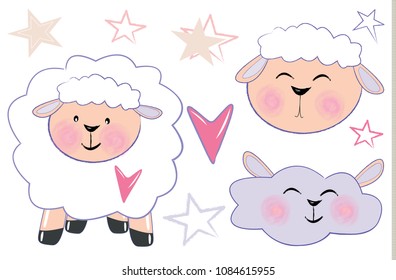 Nice set of vector cartoon sheep,  sleeping cloud, hearts and stars. Portrait of a cute sheep. Sheep toy or character