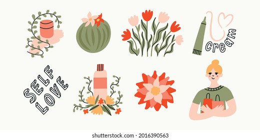 Nice set of vector illustrations with cosmetics,  shopping bag, flowers, plants and girls. Natural organic products. Self love and skin care routine concept. Icons, stickers, highlights.