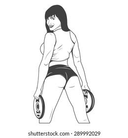 Nice sexy woman with disc weights. Vector EPS8 illustration. 