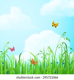 Nice shiny fresh butterfly flower grass lawn background with clouds sky. Nature spring summer backgrounds collection.