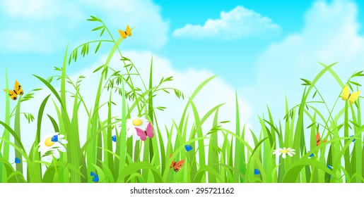 Nice shiny fresh butterfly flower grass lawn background with clouds sky. Nature spring summer backgrounds collection.