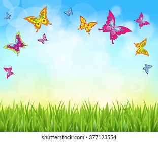 Nice shiny fresh butterfly grass lawn background with sky. Nature spring summer backgrounds.