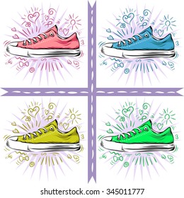 Nice shoes background. gumshoes illustration.Collection.4 in 1.Different colours.Pink,blue,green,yellow.