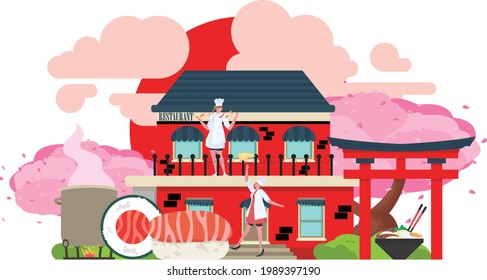 Nice shops. Different Showcases: chinese shop restaurant, farm products, cooking cheff, sushi. Flat vector illustration stock.