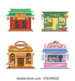 Nice showcases of shops. Bakery, candy store, chinese food, flower outlet. Flat vector illustration set.