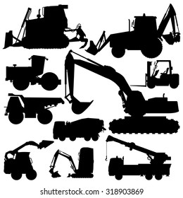 Nice silhouette Black and White Big Set of Ground Works Machines Vehicles Construction and Equipment for building Truck Digger Crane Forklift Small Bagger Mix Roller Extravator Transportation