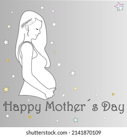 Nice silhouette of a pregnant woman for mother's day, presentada en un elegante fondo con estrellitas blancas y de colores suaves.